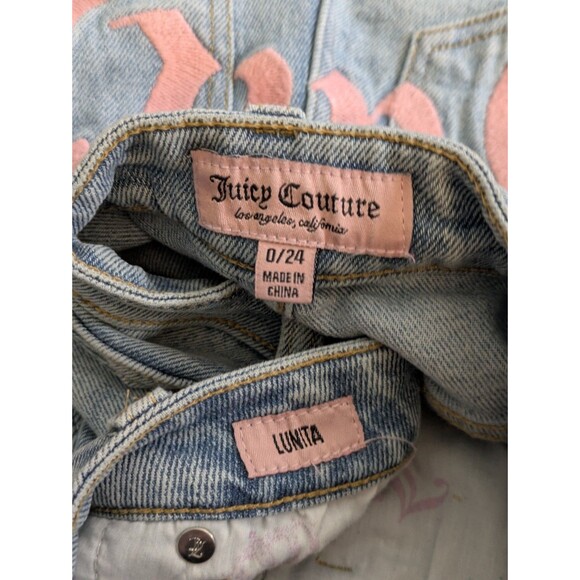 Juicy Couture Pink Logo Cargo Jeans Y2K Wide Leg Raw Hem Size 0/24 Lunita - Picture 7 of 10